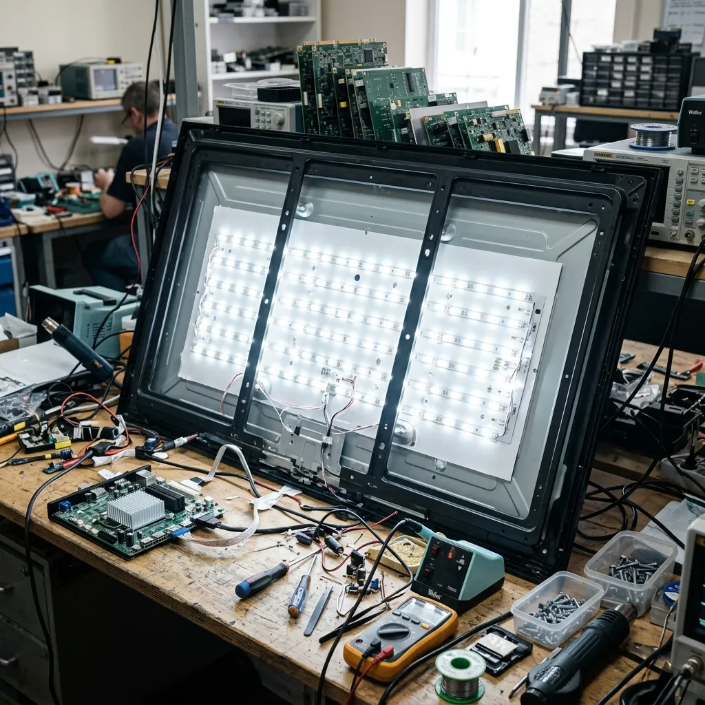 LED backlight strips behind a television panel during repair