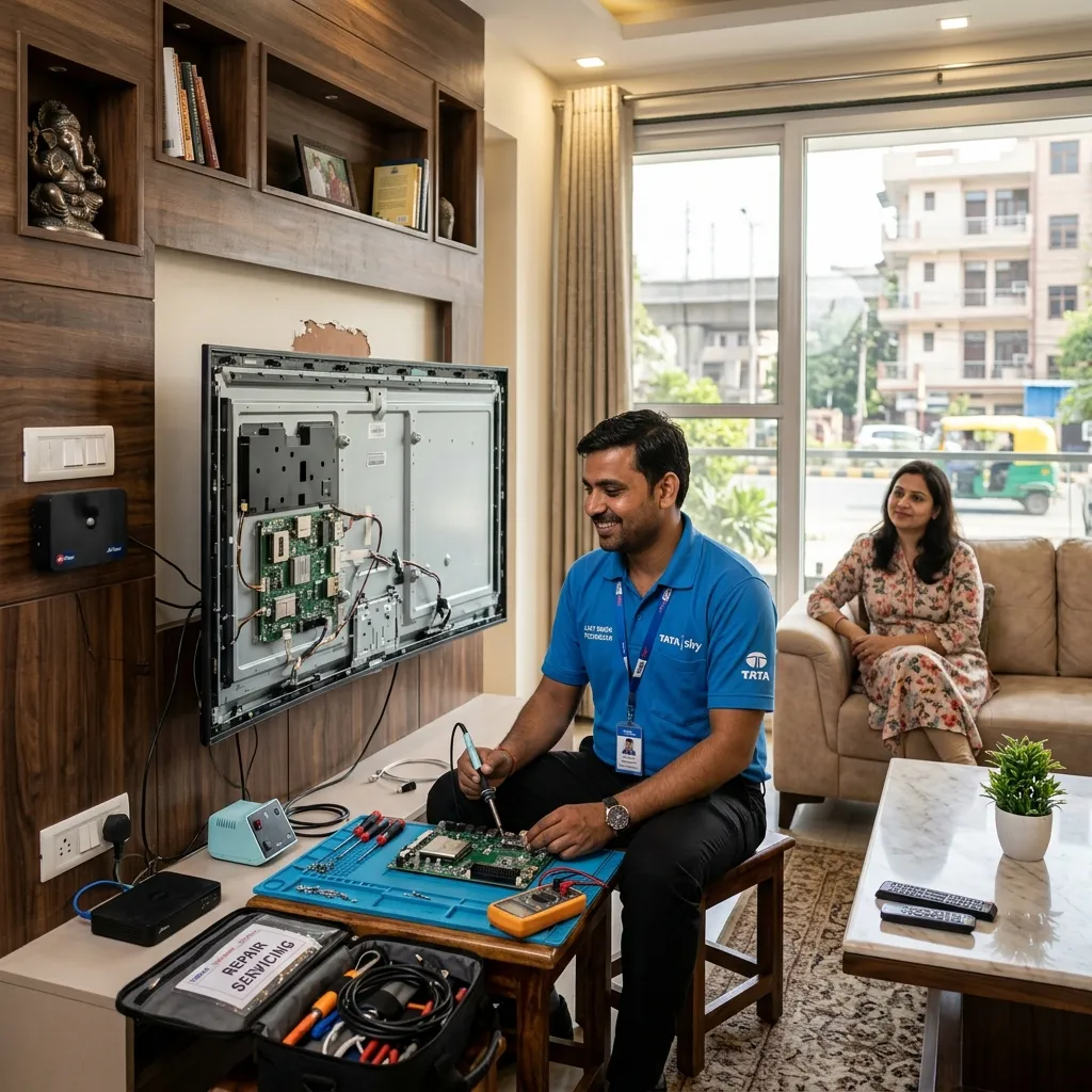 Technician performing doorstep TV repair at a customer's home in Delhi