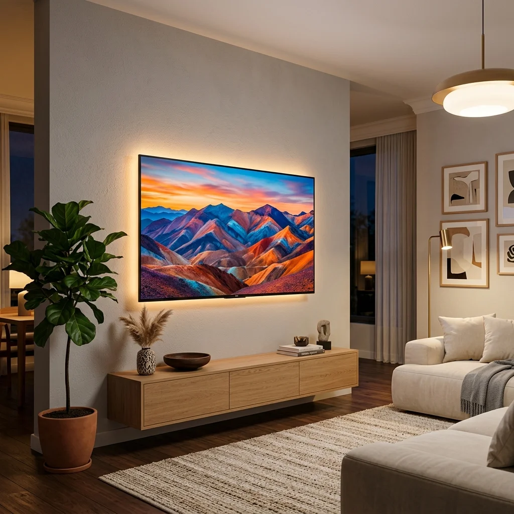 Modern LED TV on wall with ambient backlight styling