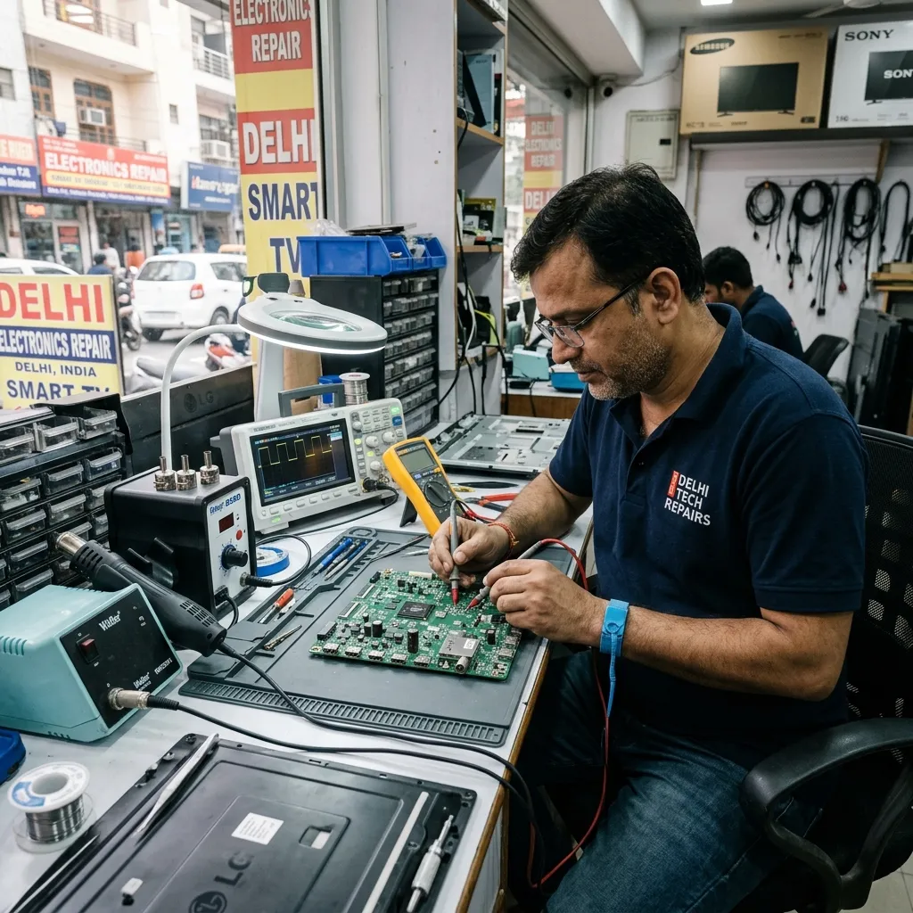 Technician diagnosing a TV motherboard during a doorstep repair in Delhi